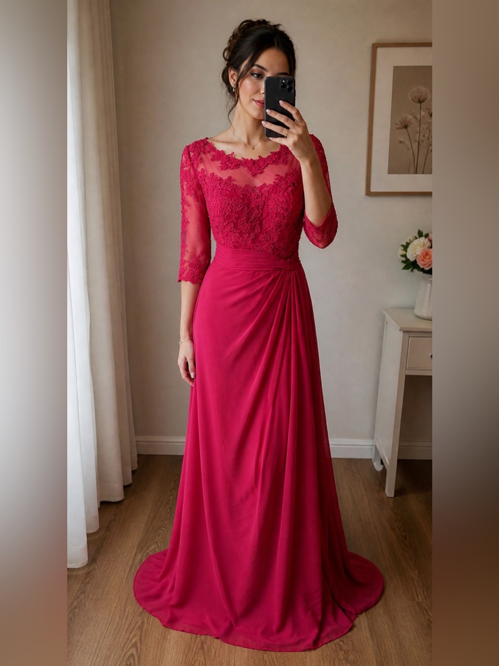 Elegant Fuchsia Lace Evening Gown